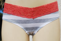 Gray and White Stripes With Coral Lace Trim Hipster