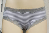 Gray and White Striped with Gray Lace Trim Hipster Bikini