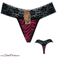 sexy PINK and BLACK ZEBRA STIPE PRINT THONG with BLACK lace band