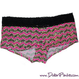 Lace Top Cotton Boyshort  Black / Pink Chevron Stripe