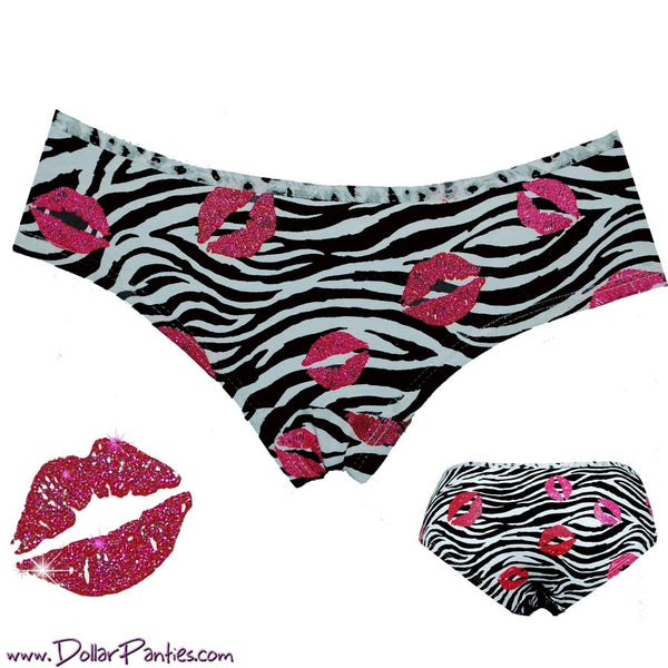 Explore your WILD SIDE Pink Zebra Print cute brief - with GLITTER LIPS