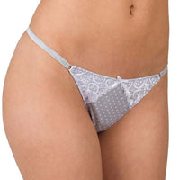 Slinky Gray and White Thong with Lace and Bow accents
