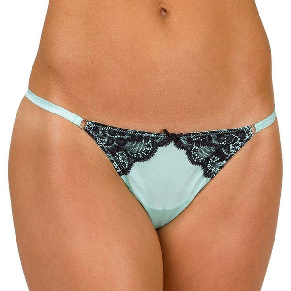 Slinky Mint and Black Thong with Lace and Bow accents